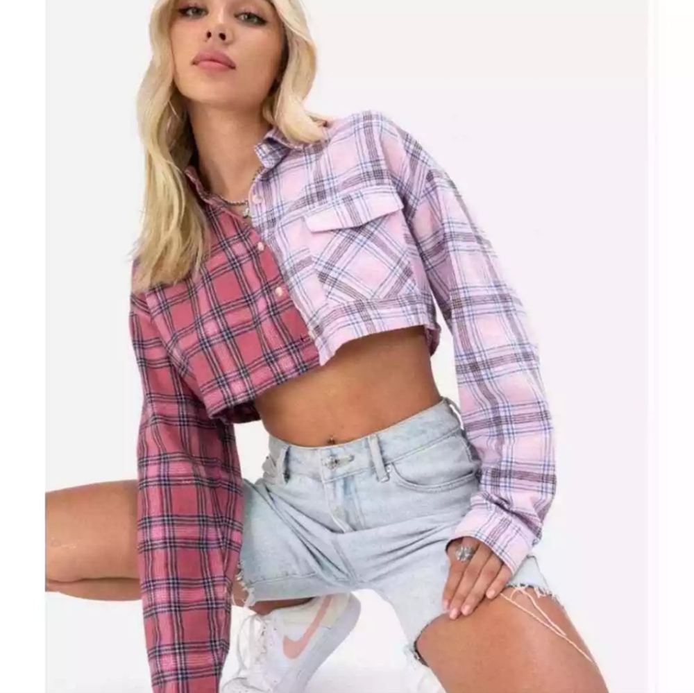 Adika Plaid Crop Button Down Shirt sz S nwt